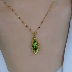 14K Gold-Plated Green Diamond Leaf Pendant Necklace worn to showcase its length and pendant detail