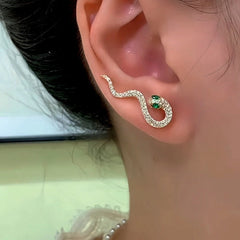 14K Gold-Plated Green Diamond Snake Crawler - elegant Snake Ear Crawler