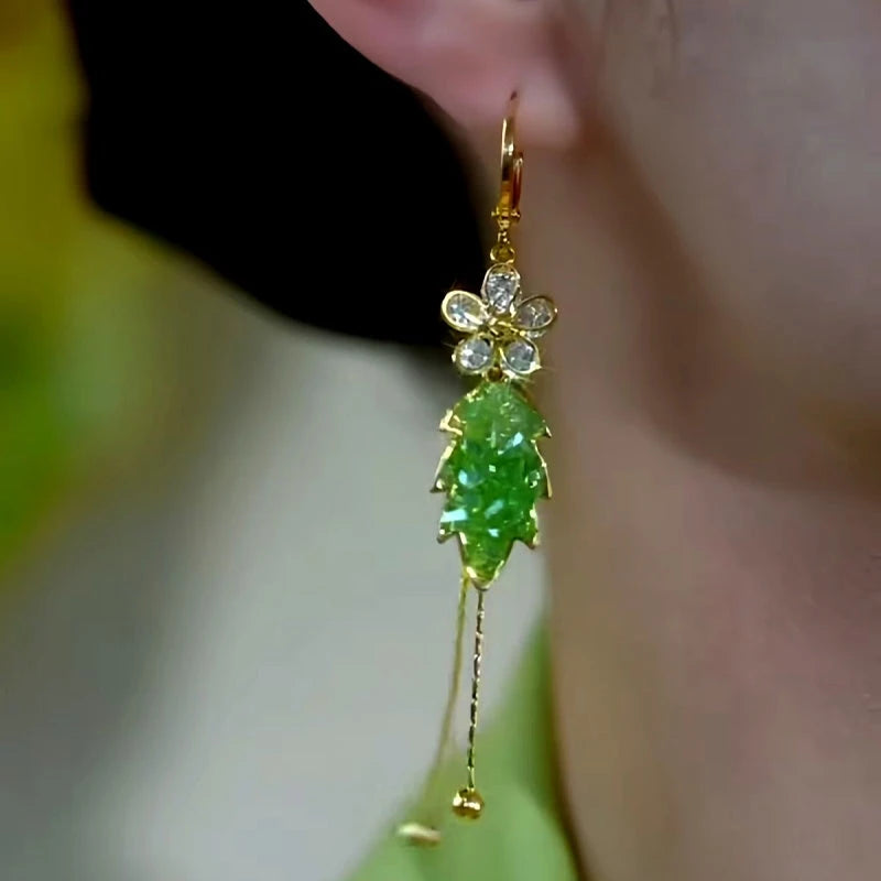 14K Gold-Plated Green Gradient Crystal Leaf Flower Earrings - elegant Gradient Floral Earrings
