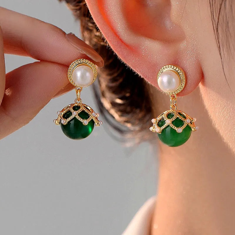 14K Gold-Plated Green Pearl Earrings - elegant Forest Green Pearl