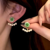 14K Gold-Plated Green Rose Pearl Jacket Earrings - elegant Rose Pearl Ear Jackets
