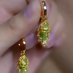 14K Gold-Plated Green Zircon Diamond Cat's Eye Stone Double-Leaf Earrings - elegant Cat's Eye Leaf Earrings