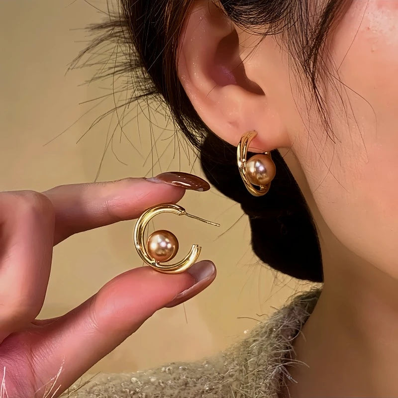 14K Gold-Plated Hanging Moon Bead Hoop Earrings - elegant Moon Hoop Earrings