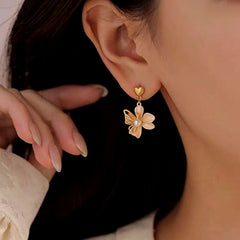 14K Gold-Plated Heart-Design Flower Earrings - elegant Heart Flower Earrings