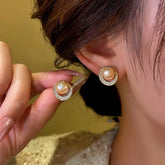 14K Gold-Plated Hollow Diamond Pearl Stud Earrings - elegant Pearl Studs