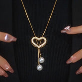 14K Gold-Plated Hollow Heart Pearl Necklace - beautiful Heart Pearl Lariat
