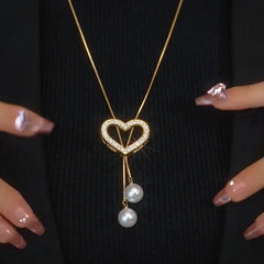14K Gold-Plated Hollow Heart Pearl Necklace - beautiful Heart Pearl Lariat