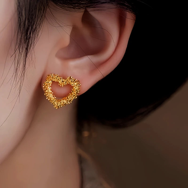 14K Gold-Plated Hollow Heart Stud Earrings - elegant Hollow Heart Studs