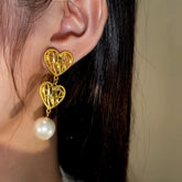 14K Gold-Plated Hollow Twisted Heart Pearl Earrings - elegant Twisted Heart Pearl