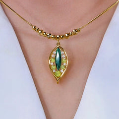 14K Gold-Plated Jade Leaf Necklace worn to showcase its length and pendant detail
