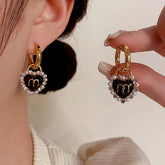 14K Gold-Plated Letter M Black Heart Earrings - elegant Mismatched Heart Earrings
