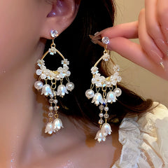 14K Gold-Plated Lily Of The Valley Pearl Tassel Earrings - elegant Lily Pearl Tassel