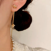 14K Gold-Plated Long Diamond Flower Tassel Earrings - elegant Flower Tassel Earrings