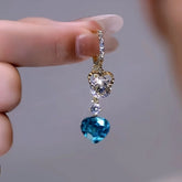 14K Gold-Plated Luxury Blue Crystal Heart Tassel Earrings - elegant Blue Heart Tassel