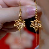 14K Gold-Plated Luxury Brown Diamond Maple Leaf Tassel Threader Earrings - elegant Maple Leaf Threaders