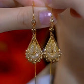 14K Gold-Plated Luxury Brown Diamond Mesh Water Drop Threader Earrings - elegant Mesh Water Threaders