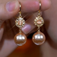 14K Gold-Plated Luxury Brown Zircon Cat's Eye Pearl Earrings - elegant Cat's Eye Pearl