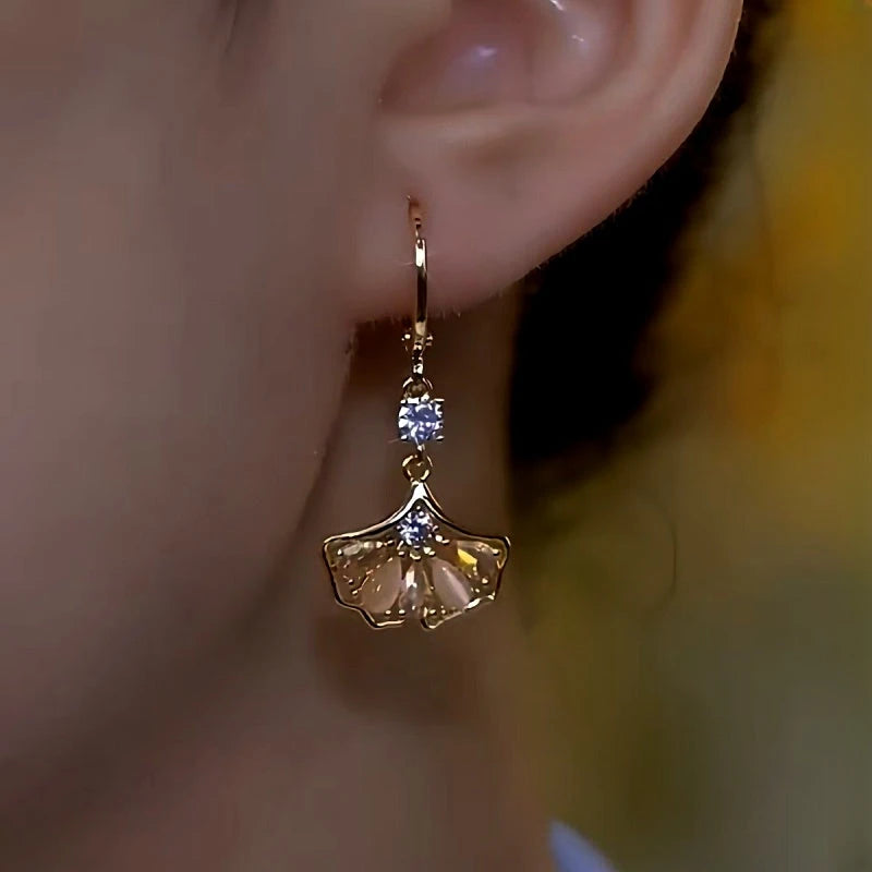 Close-up detail of the sparkling zircons and plating on the Zircon Ginkgo Earrings