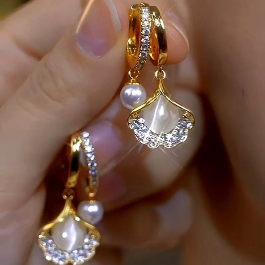 14K Gold-Plated Luxury Cat's Eye Ginkgo Leaf Pearl Earrings - elegant Cat's Eye Leaf Pearl