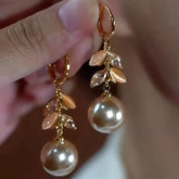14K Gold-Plated Luxury Cat's Eye Stone Leaf Pearl Earrings - elegant Cat's Eye Leaf Pearl