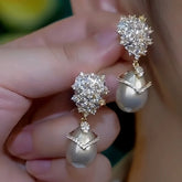 14K Gold-Plated Luxury Champagne Pearl Zircon Earrings - elegant Champagne Pearl Earrings