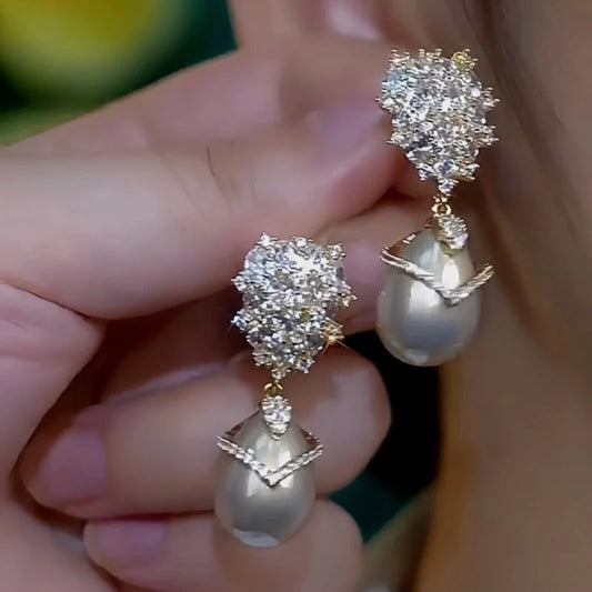 14K Gold-Plated Luxury Champagne Pearl Zircon Earrings - elegant Champagne Pearl Earrings