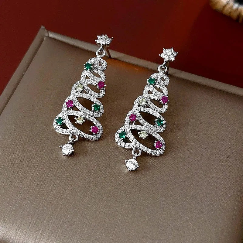 Angled view of the 14K Gold-Plated Luxury Colorful Diamond Christmas Tree Earrings