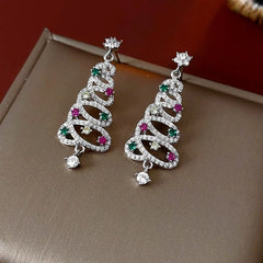 Angled view of the 14K Gold-Plated Luxury Colorful Diamond Christmas Tree Earrings