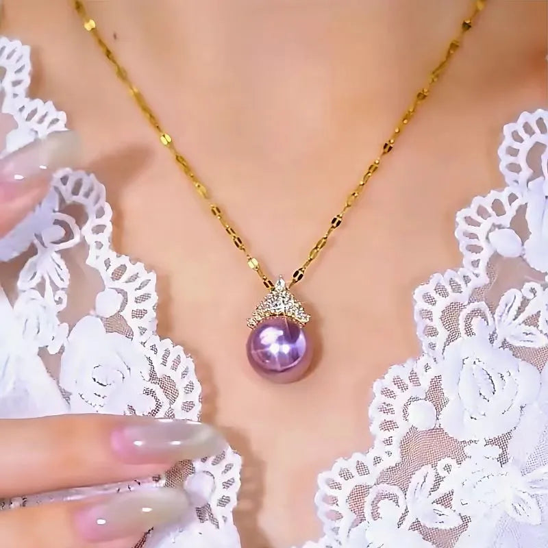 14K Gold-Plated Luxury Diamond-Encrusted Purple Pearl Necklaces worn to showcase its length and pendant detail