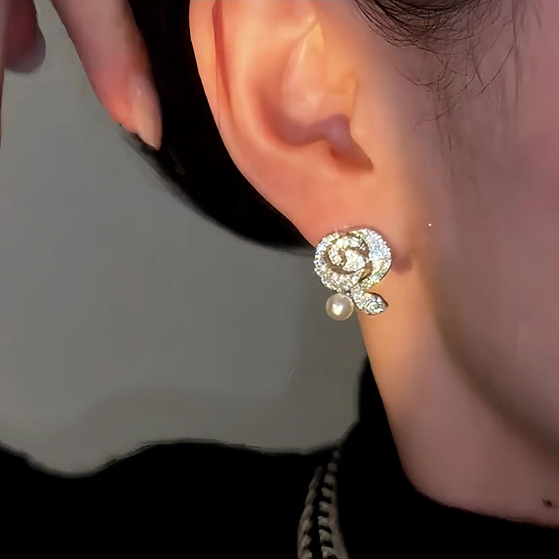 14K Gold-Plated Luxury Diamond-Encrusted Zircon Rose Earrings - elegant Zircon Rose Earrings