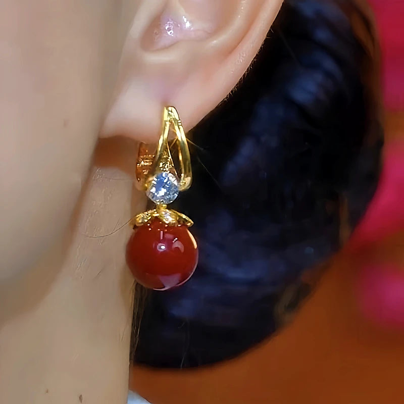 14K Gold-Plated Luxury Diamond-Studded Red Pearl Earrings - elegant Red Pearl Earrings