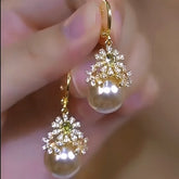14K Gold-Plated Luxury Diamond Flower Pearl Earrings - elegant Flower Pearl Earrings