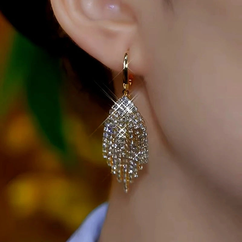 14K Gold-Plated Luxury Diamond Leaf Tassel Earrings - elegant Leaf Tassel Earrings