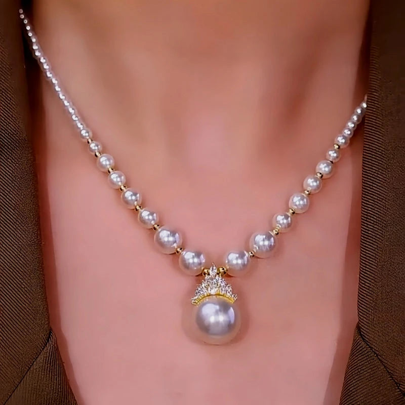 14K Gold-Plated Luxury Diamond Pearl Necklaces worn to showcase its length and pendant detail