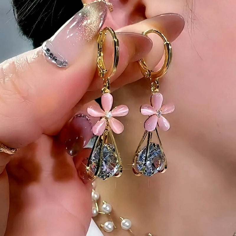 14K Gold-Plated Luxury Diamond Pink Flower Earrings - elegant Pink Flower Earrings