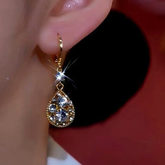 Close-up detail of the sparkling zircons and plating on the Water Drop Earrings