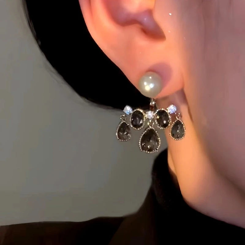 14K Gold-Plated Luxury Front And Back Pearl Crystal Tassel Earrings - elegant Crystal Tassel Earrings