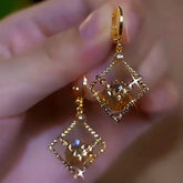 14K Gold-Plated Luxury Geometric Diamond Brown Crystal Earrings - elegant Brown Crystal Earrings