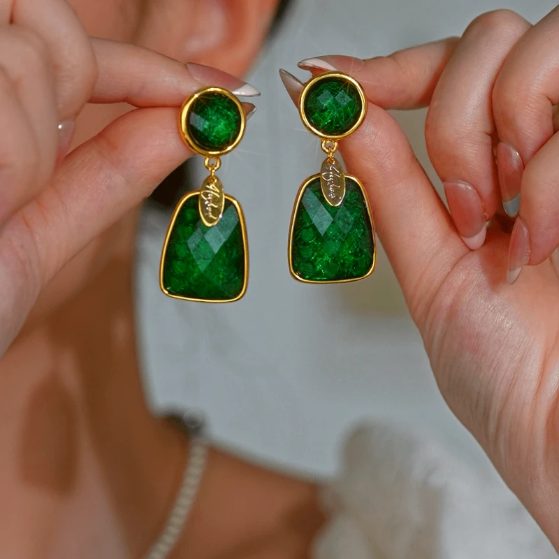 14K Gold-Plated Luxury Green Crystal Tassel Earrings - elegant Green Tassel Earrings