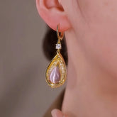 14K Gold-Plated Luxury Pink Cat's Eye Stone Water Drop Earrings - elegant Pink Water Drop Earrings