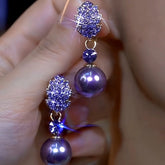 14K Gold-Plated Luxury Purple Full Diamond Leaf Pearl Earrings - elegant Leaf Pearl Earrings