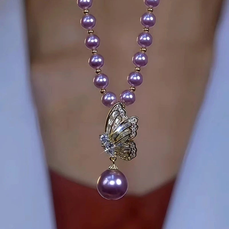 14K Gold-Plated Luxury Purple Pearl Diamond Butterfly Necklace - beautiful Butterfly Necklace