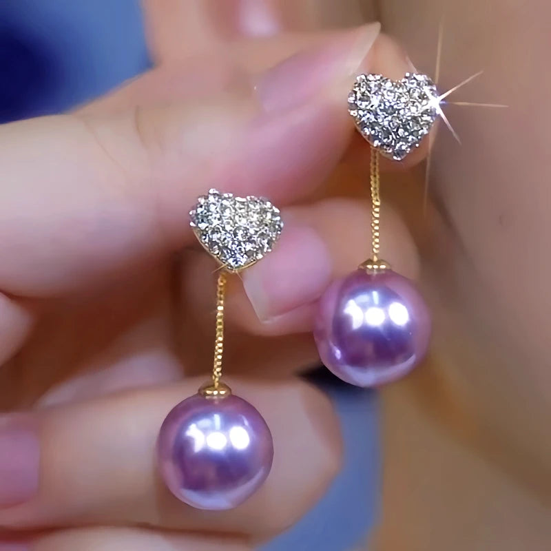 14K Gold-Plated Luxury Purple Pearl Diamond Heart Earrings - elegant Heart Pearl Earrings