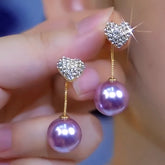 14K Gold-Plated Luxury Purple Pearl Diamond Heart Earrings - elegant Heart Pearl Earrings