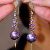 14K Gold-Plated Luxury Purple Zircon Pearl Threader Tassel Earrings - elegant Pearl Threader Tassel