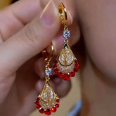 14K Gold-Plated Luxury Red Diamond Mesh Water Drop Earrings - elegant Red Water Drop Earrings
