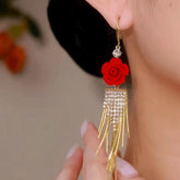 14K Gold-Plated Luxury Red Rose Diamond Tassel Ear Hook Earrings - elegant Red Rose Earrings