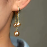 14K Gold-Plated Luxury Three Champagne Gold Pearl Tassel Earrings - elegant Pearl Tassel Earrings