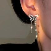 14K Gold-Plated Luxury Zircon Black Diamond Butterfly Pearl Tassel Earrings - elegant Butterfly Tassel Earrings