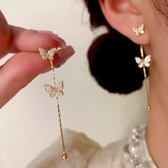 Close-up detail of the sparkling zircons and plating on the Butterfly Tassel Earrings